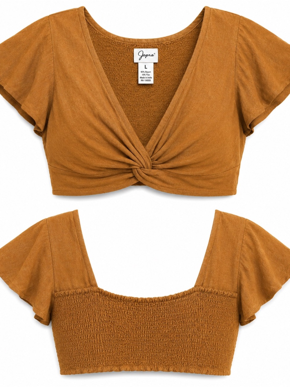 Jopna NWT Twist Front Crop Top Size L Camel Brown Smocked Back Boho Cottagecore